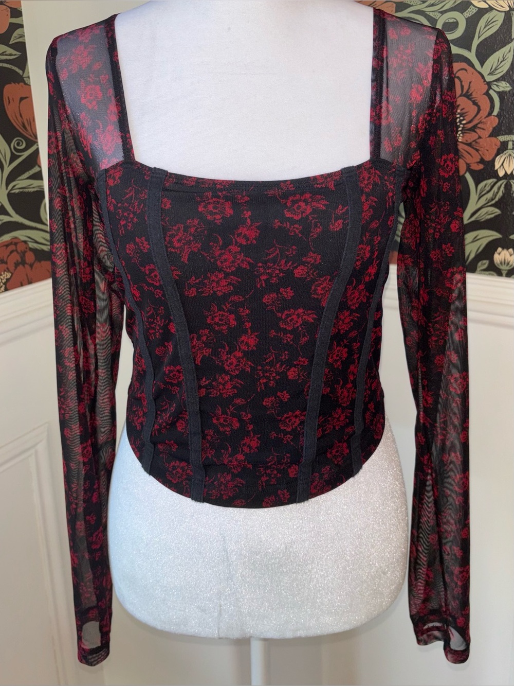 Hollister Mesh Sleeve Floral Corset Crop Top Romantic Whimsigoth - Picture 2 of 10